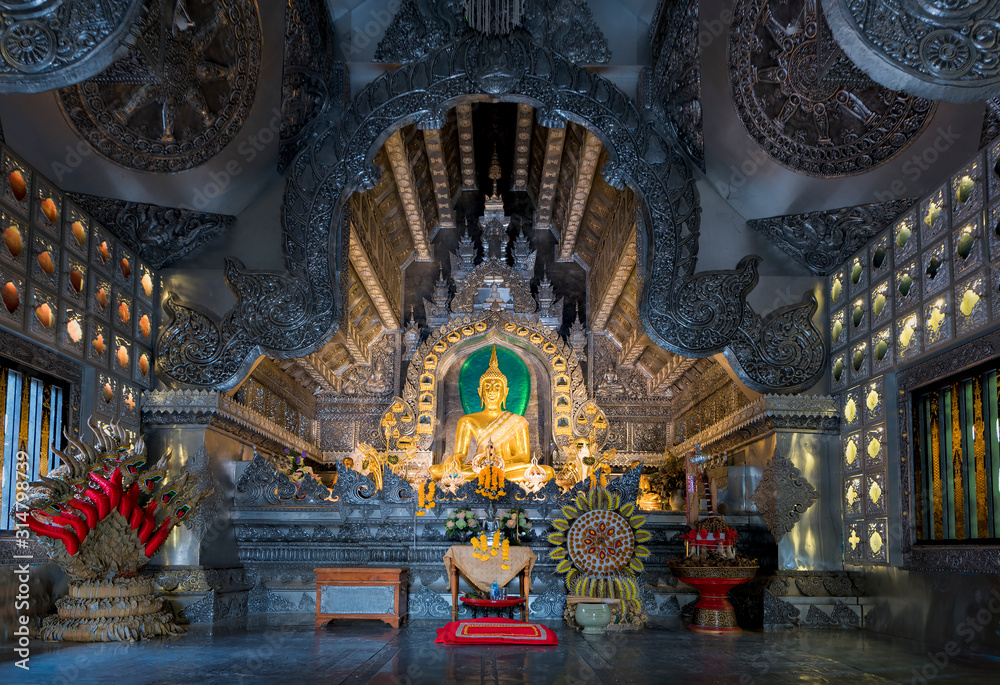 Golden Buddha Statue in Silver Ordination Hall of Sri Suphan Temple, Wau lai Road, Chiang Mai