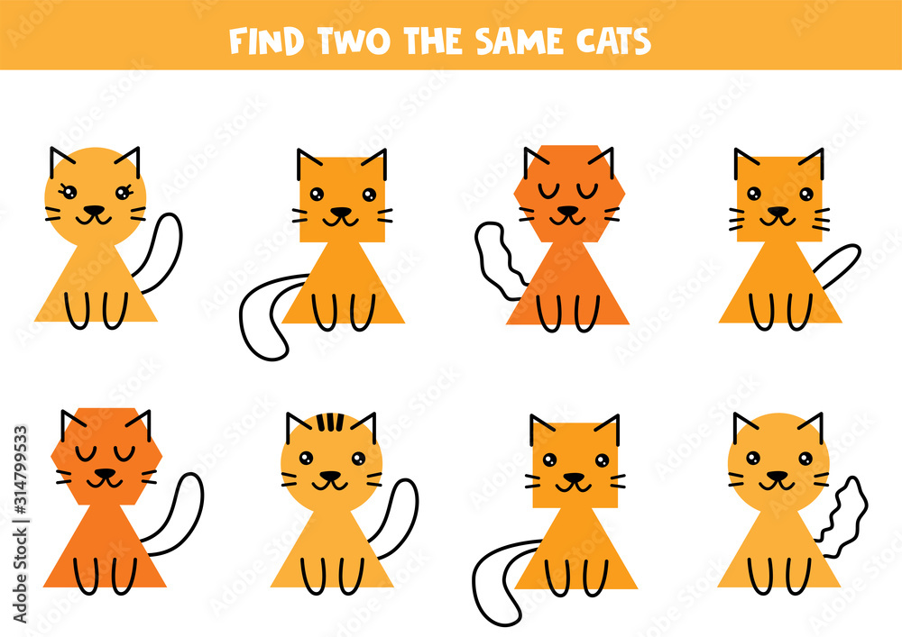 Fototapeta premium Find two the same cute cats. Educational worksheet for kids.
