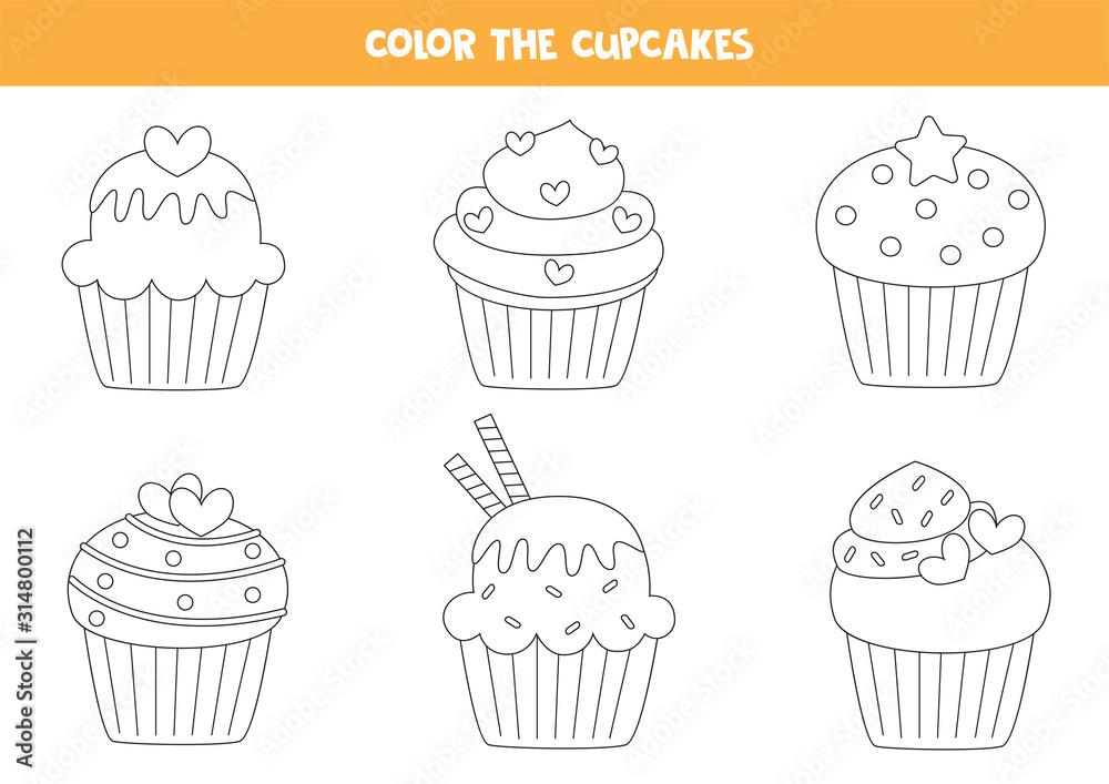 Color set of cute cupcakes. Coloring page for kids.