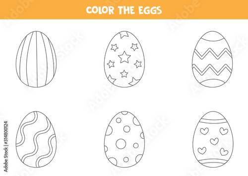 Color cartoon Easter eggs. Coloring page for kids.