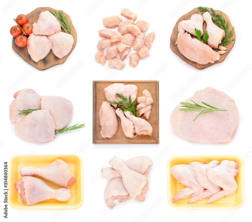 Collage with raw chicken meat on white background - obrazy, fototapety, plakaty 