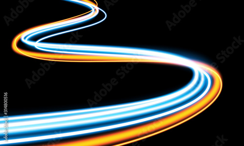 Golden magic wave. Gold trail isolated on dark background. Luminescent waved trail with bright lights.