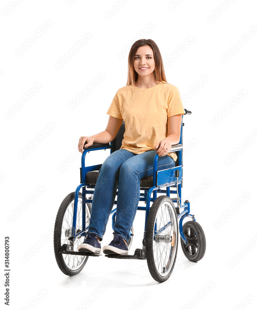 Handicapped young woman in wheelchair on white background Handicapped young woman in wheelchair on white background