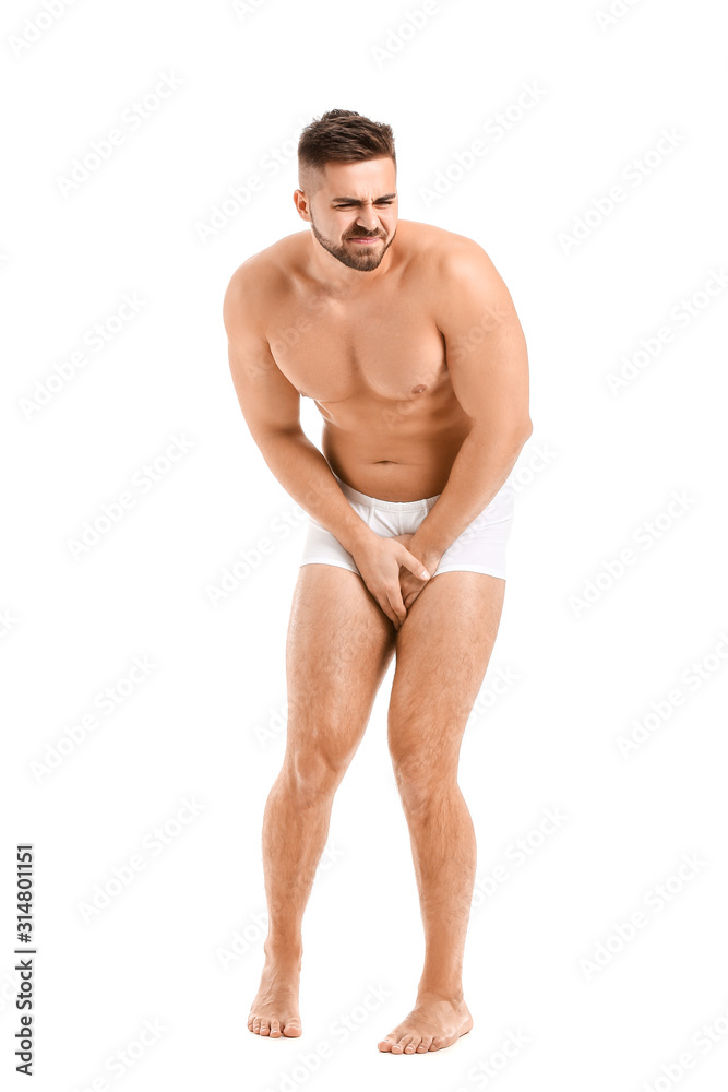 Young man with urologic disease on white background Young man with urologic disease on white background
