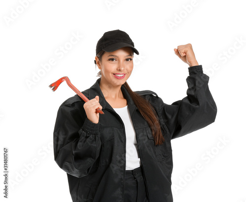 Female worker against white...