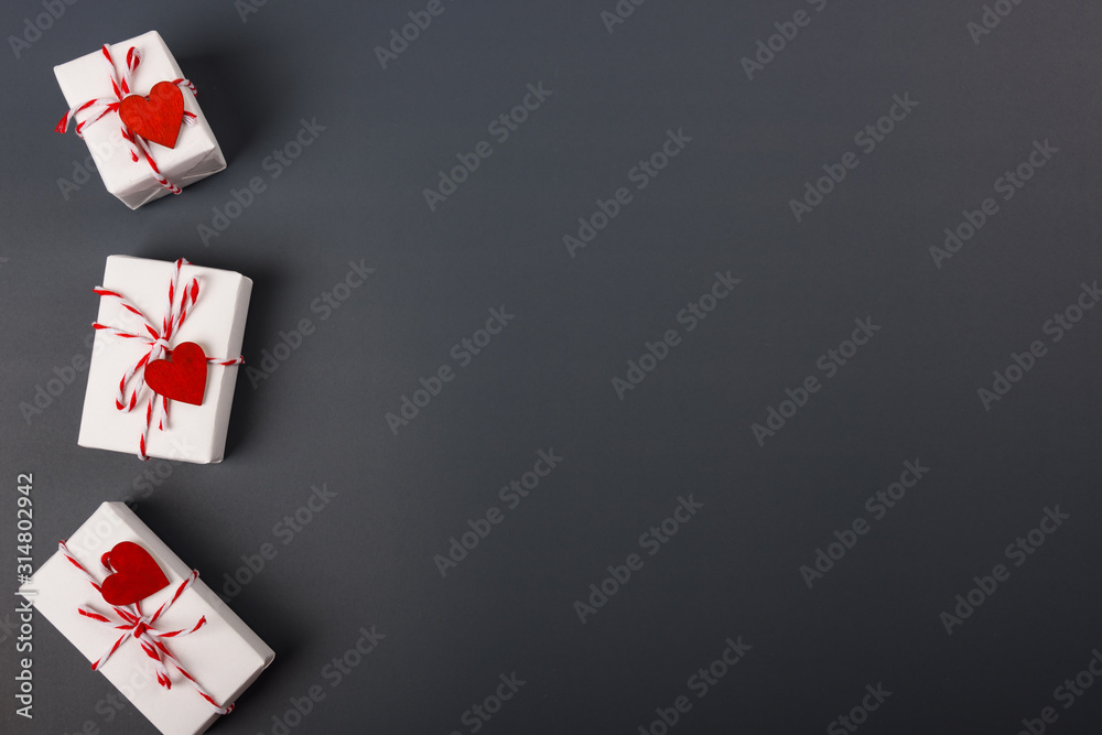 Valentine's day Concept, flat lay top view, White Gift Box and Red Heart