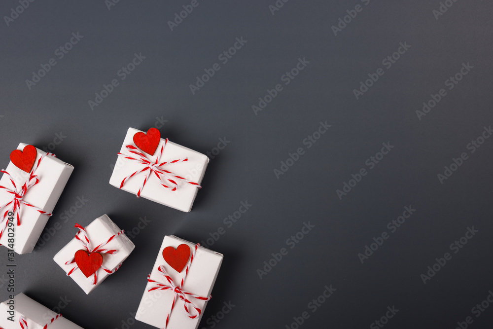 Valentine's day Concept, flat lay top view, White Gift Box and Red Heart Valentine's day Concept, flat lay top view, White Gift Box and Red Heart