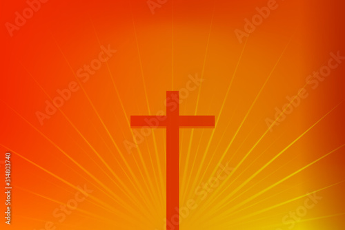 Christian religious design for Easter celebration. Resurrection of Jesus Christ. The dawn of the new morning and the cross is empty. Vector illustration