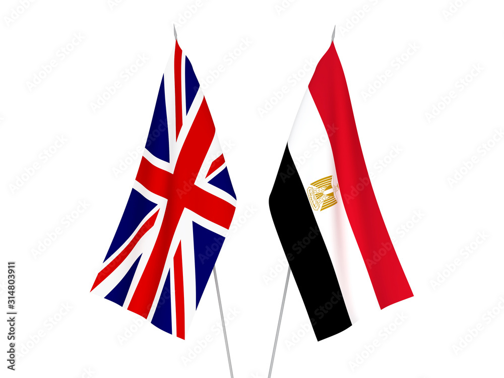 Fototapeta premium National fabric flags of Great Britain and Egypt isolated on white background. 3d rendering illustration.