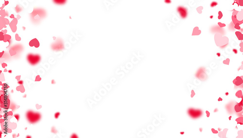 Valentines day card. Heart confetti falling over white background for greeting cards, wedding invitation.