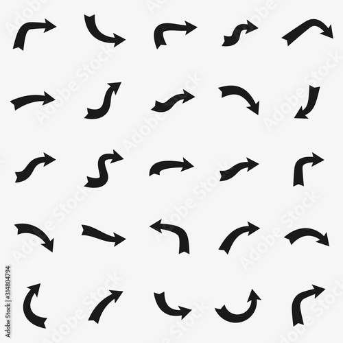 Set of black curved arrows isolated on light background. photo