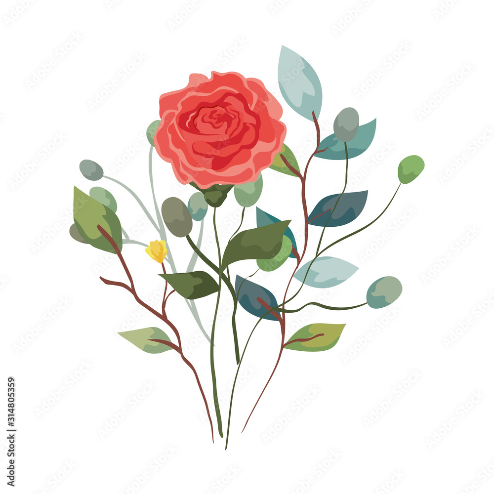 cute rose with branches and leafs natural vector illustration design