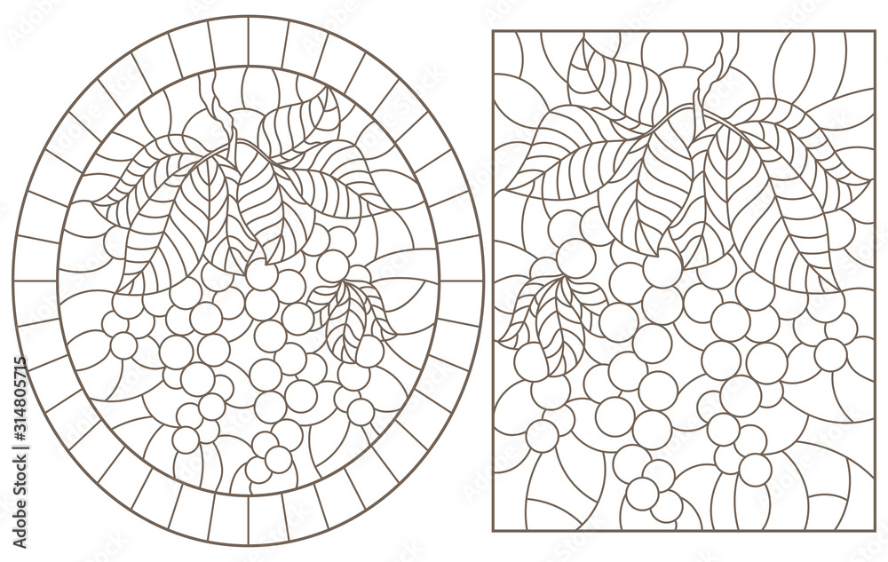 Set of contour illustrations of stained glass Windows with currant branches, dark outlines on a white background