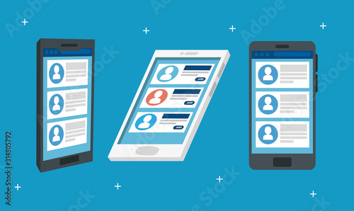 set of smartphone with chat isolated icon vector illustration design