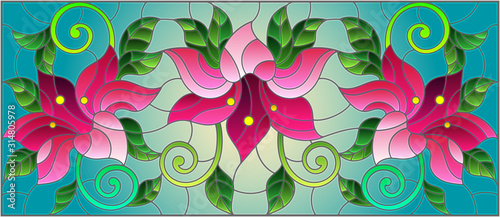 llustration in stained glass style with flowers, leaves and buds of pink lilies on a blue background