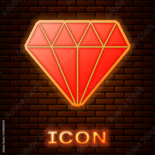 Glowing neon Diamond icon isolated on brick wall background. Jewelry symbol. Gem stone. Vector Illustration