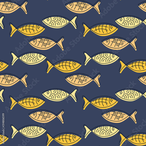 Seamless pattern with hand drawn fishes, doodle style. Silhouettes and contours, vector illustration on blue background
