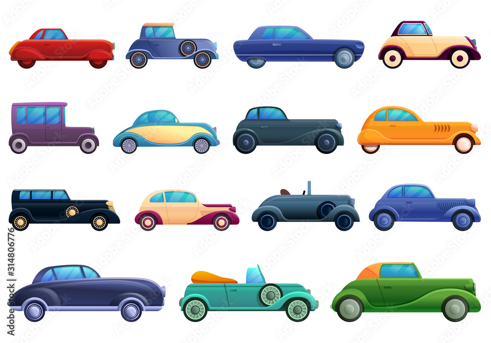 Car old icons set. Cartoon set of car old vector icons for web design