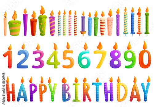 Birthday candle icons set. Cartoon set of birthday candle vector icons for web design