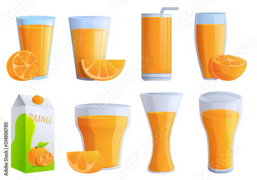 Juice orange icons set. Cartoon set of juice orange vector icons for web design
