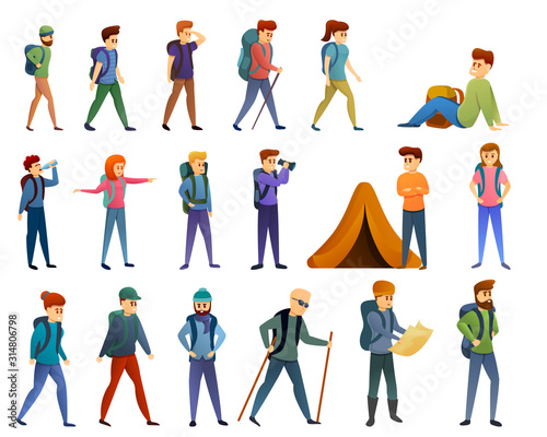 Hiking icons set. Cartoon set of hiking vector icons for web design