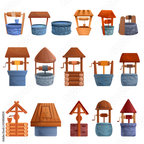 Water well icons set. Cartoon set of water well vector icons for web design