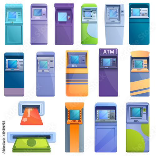 Atm machine icons set. Cartoon set of atm machine vector icons for web design
