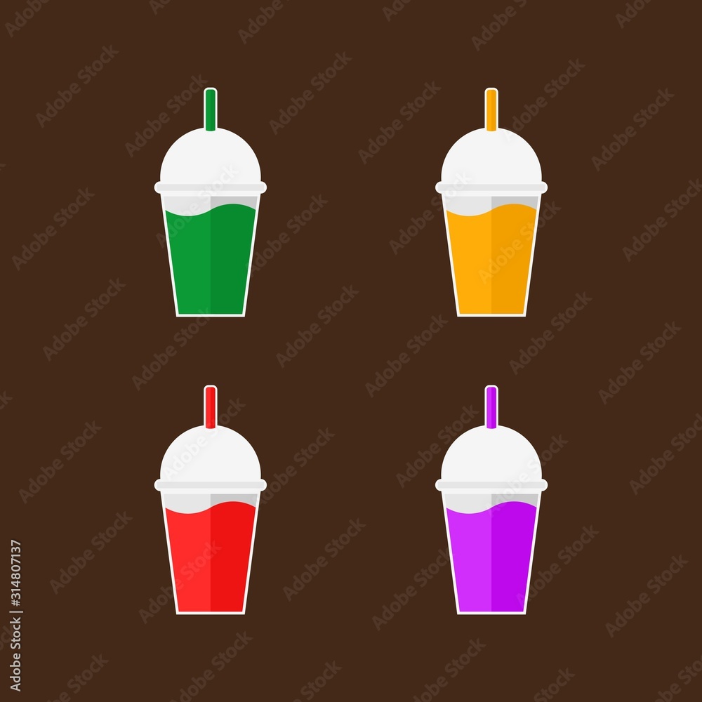Fruit smoothies in plastic cups and bottle; blueberry, strawberry, kiwi, blackberry, orange. Fruit smoothies in plastic cups and bottle; blueberry, strawberry, kiwi, blackberry, orange.
