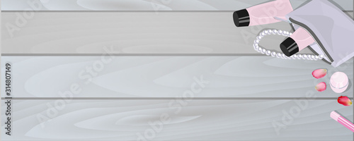 Items of cosmetics and jewelry. Silver and pink tones. Beauty Style. Horizontal banner with place for text.
