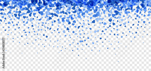 Love valentine's background with blue falling hearts over transparent grid.