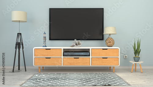 3d illustration - Skandinavisches, nordisches Wohnzimmer mit einem Sideboard und Flatscreen - Textfreiraum - Platzhalter