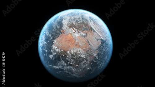 3D scene Earth globe with atmosphere and clouds view from the space no stars with use NASA earth images