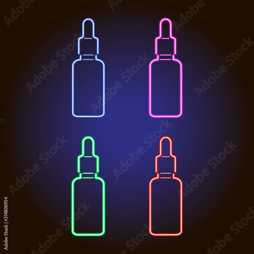 Flacon with a pipette in a stopper with a medical liquid, or with CBD oil from glowing blue, red, pink and green neon luminescence lines on classic blue dark background. Set of parts.