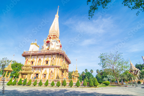 Chalong buddhist temple against blue sky in Phuket Thailand