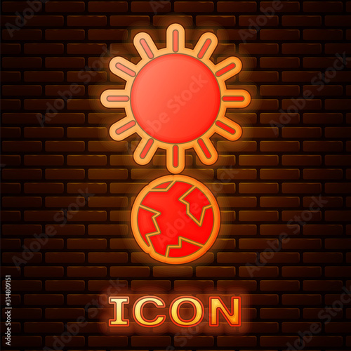 Glowing neon Solstice icon isolated on brick wall background. Vector Illustration