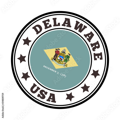 Delaware sign. Round us state logo with flag of Delaware. Vector illustration.