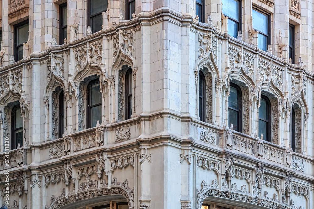 Ornate gothic architectural details of the Woolworth Building window crowns on Broadway in Tribeca Manhattan, New York Ornate gothic architectural details of the Woolworth Building window crowns on Broadway in Tribeca Manhattan, New York