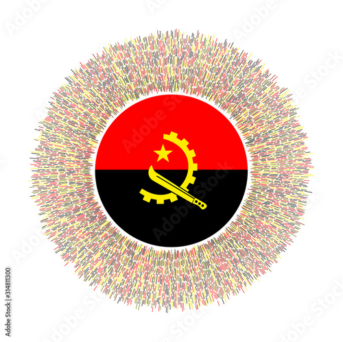 Flag of Angola with colorful rays. Radiant country sign. Shiny sunburst with Angola flag. Artistic vector illustration.