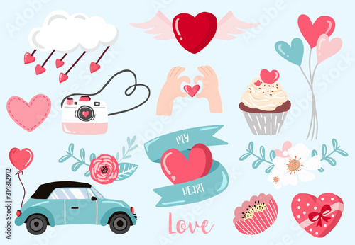 Cute object valentine collection with flower,car,cupcake.Vector illustration for icon,logo,sticker,printable