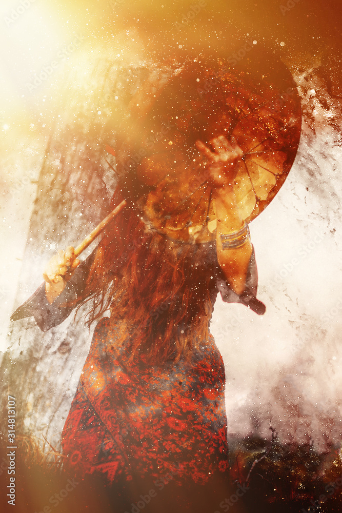 Fototapeta premium shamanic girl with frame drum on abstract structured space background.