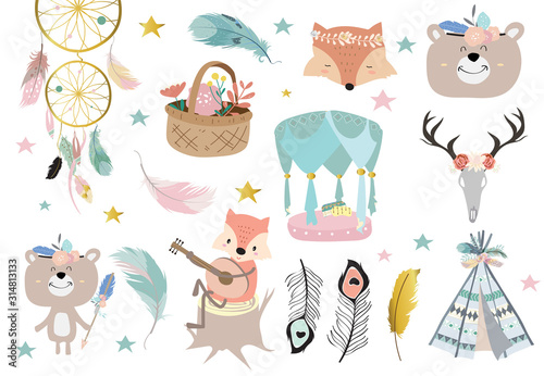 Cute boho object collection with feather, bear,fox,dreamcatcher. illustration for icon,logo,sticker,printable