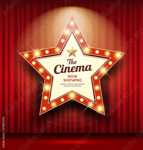 Cinema Theater sign star shape red curtain light up banner design background, vector illustration