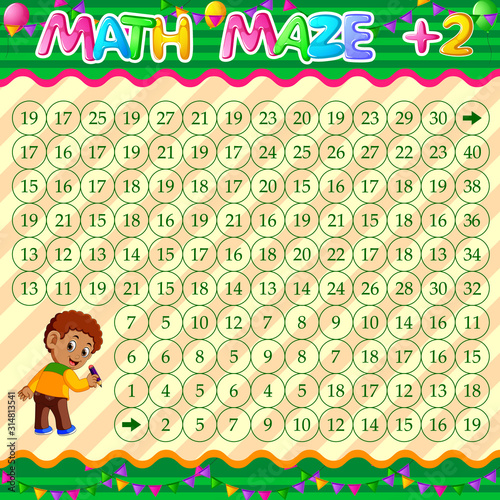 Math Maze Addition Worksheet with boy character holding pencil background of illustration
