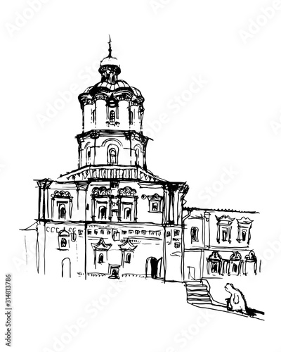 Vector traced hand drawn sketch of an ancient building in Ukraine Baroque architecture style in the city of Chernigov. Ink pen doodle, Black and white illustration for book cover, tee shirt print 