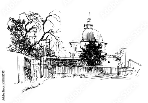 Vector traced hand drawn sketch of an ancient building in Ukraine Baroque architecture style in the city of Novgorod Siverskiy, Chernigiv. Ink pen doodle, Black and white illustration for book cover, 