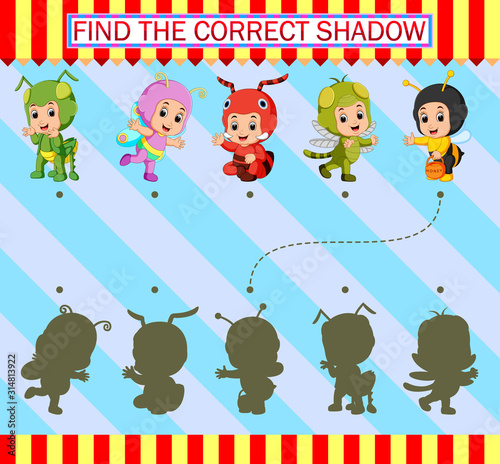 Find the correct shadow. Cartoon children wearing costume insect of illustration