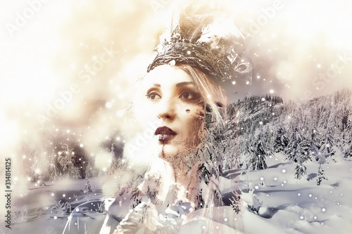 Shaman woman in winter landscape, artist collage.