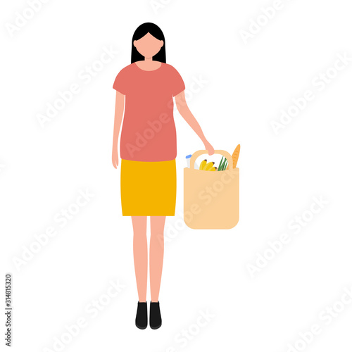 Woman with food purchases. Flat design vector illustration. Consumer set in a package isolated on white
