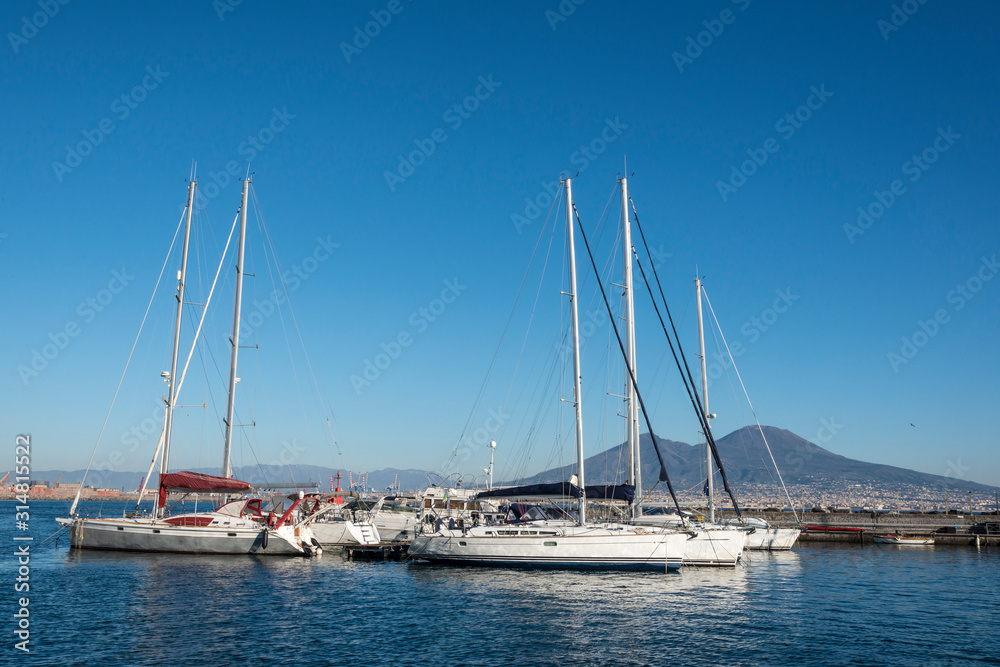 Mount Vesuvius and sea yachts, Naples bay (Napoli bay), Italy