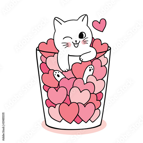Cartoon cute Valentines day lover cats and hearts  in glass vector.
